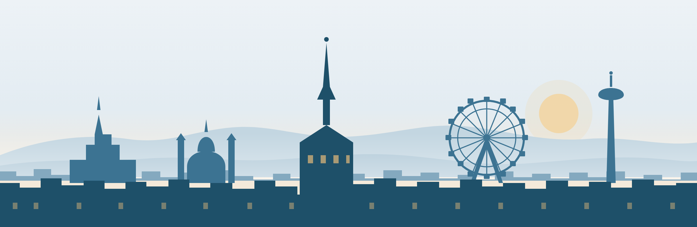 Panorama der Stadt Wien mit Rathaus, Karlskirche, Stephansdom, Riesenrad und Donauturm